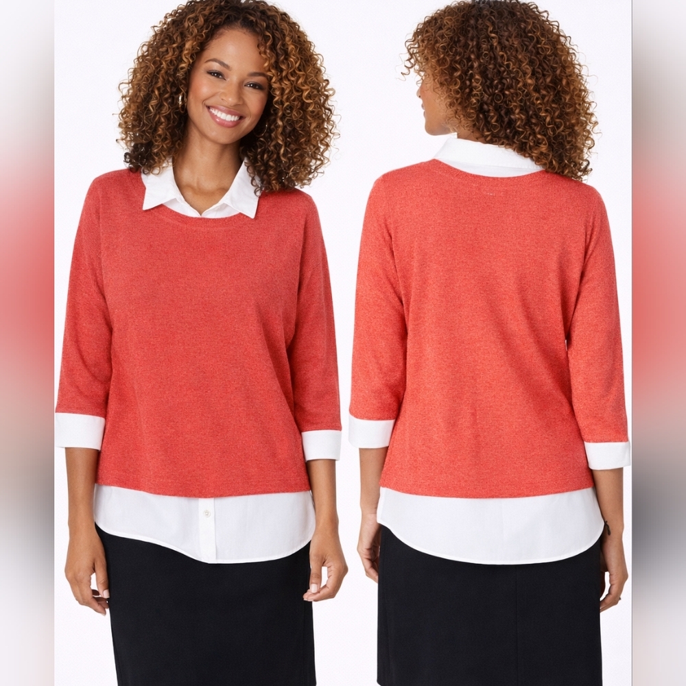 NWT FOXCROFT NY 2 in 1 Miles Top Knit Sweater White Button Look Mixed Media 2fer